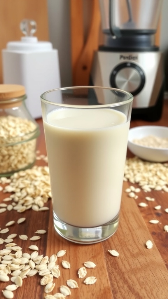 Homemade Unsweetened Oat Milk Recipe A glass of homemade oat milk on a wooden table with rolled oats and kitchen utensils.